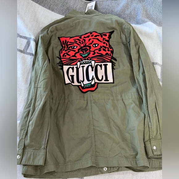 NWT Upcycled “Gucci” embroidered Tiger patch olive green field jacket size XL - Picture 7 of 15